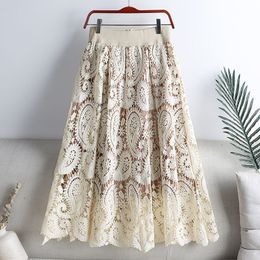 Skirts S-5XL Pleated Skirts Spring Retro Fashion Hook Flower Hollow Lace Casual Large Swing High Waist Slim Skirt Female Midi Skirt 230417