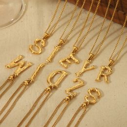 New Fashion Stainless Steel Yellow Gold Plated Bling CZ Stone A-Z Letter Pendant Necklace with Rope Chain for Men Women Nice Gift