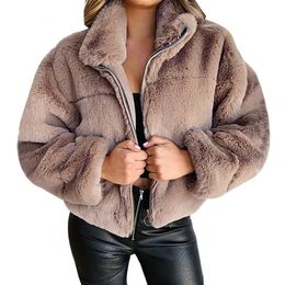 Women's Fur Faux Fur S-5XL Black Flurry Fur Jacket Autumn Winter Warm Outerwear Top Zipper Cropped Fur Jacket Vintage Women Faux Fur Short Coats 231117