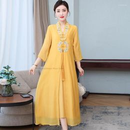 Ethnic Clothing Chinese Style Modified Qipao Retro Embroidered Women Zen Loose Dress Cheongsam Robe Chinoise