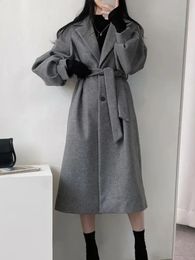Women's Wool Blends Chic Casual Elegant Women Woollen Coat Vintage Loose Solid Fall Winter Korean Fashion Jackets with Belted Female Overcoats 231116
