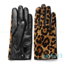 Five Fingers Gloves Novelty Women Leopard Print Genuine Leather Gloves Ladies Short Winter Wool Lined Thick