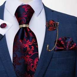 Neck Ties Designer Blue Red Paisley Ties For Men Wedding Party Neck Tie Luxury Tie Ring Brooch 100% Silk Tie Set Gift For Men DiBanGu 231117