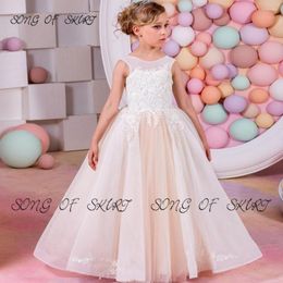 Girl Dresses Light Champagne Lace Vestidos Applique Beads Flower For Wedding First Communion Gowns Special Occasion