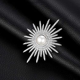 Pins Brooches New Shiny Sun flower Brooches For Women Luxury Big Pearl Rhinestone Brooch Pins Jewelry Dress Suit Accessories Wedding GiftsL231117