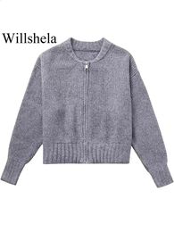 Women's Sweaters Willshela Women Fashion Grey Front Zipper Knitted Sweater Vintage O Neck Long Sleeves Female Chic Lady Tops Outfits 231116