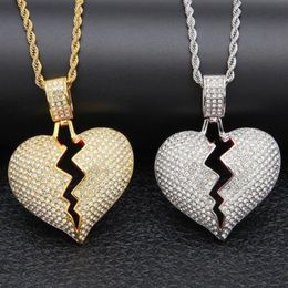 Broken Heart Iced out Pendant Necklace Men's Bling Crystal rhinestone Love charm Gold Silver ed chain For women Hip hop 224R