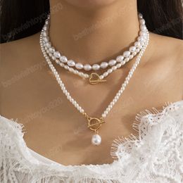 Vintage Baroque Pearl Heart Buckle Pendant Necklace for Women Multilayer Chain Neck Accessories Wedding Jewellery