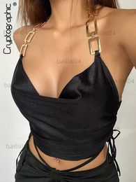 Women's Tanks Camis Cryptographic Chic Fashion Satin Chain Halter Crop Top for Women Summer Sleeveless Backless Drawstring Ruched Feminino Tops Club T230417