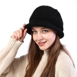 Berets Womens Winter Knitted Cloche Bucket Hat Vintage Warm Fleece Lined Skull Cap Beads Decoration Bowler