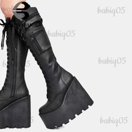 Boots BONJOMARISA Big Size 43 Platform Wedges Goth Punk Women Pocket Bags Combat Boots Lace Up Street Zipper Autumn Women Shoes T231117