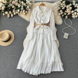 Casual Kleider Frühling Sommer Party Spitze Elegantes Weißes Kleid Frauen Büro Lange Ärmel Aushöhlen Plissee Kleider A-linie Gürtel Patchwork Maxi Vestidos 2023