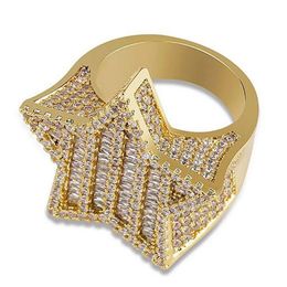 Mens Iced Out 3D Gold Super Star Rings Micro Pave Cubic Zirconia 14K Gold Plated Simulated Diamonds Hip hop Ring with gift box208k