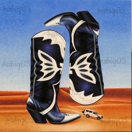 Boots Cowboy Cowgirl Knee High Long Boots Butterfly Embroidered Black White Fairy Chunky Heel Western Boots Slip On Shoes Brand Design T231117