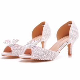 Peep Toe Summer Wedding Party Dress Shoes 6cm Kitten Heel White Imitation Pearl Sandals Crystal Prom Pumps