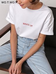 Women's TShirt WOTWOY Summer Letter Print Knitted Tshirts Women Casual Oneck White Cotton Tee Shirts Female Funny Loose Tops Harajuku 230417