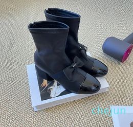 Brand Boots Winter New Genuine Leather Rhinestone Double Letter Bow Fashion Thick Heel Round Anti slides Head Back Zipper Booties