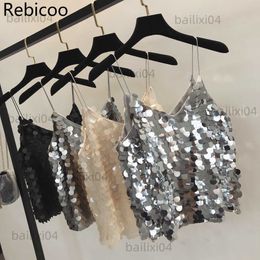 Women's Tanks Camis Fashion Women Sequined Tank Top New Summer Sexy V Neck Strap Club wear Girls Sequin Sleeveless Short Camisole Vest Tops T230417