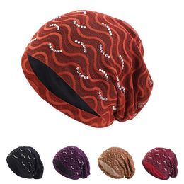 2023 Women Elastic Turban Muslim Lace Rhinestone Hijab Sleep Night Caps Chemo Pullover Hat Scarf Headwrap Baggy Beanies Skullies