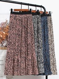 Skirts TIGENA Vintage Leopard Print Chiffon Midi Skirt Women Fashion A Line Elastic High Waist Pleated Long Skirt Female with Lined 230417