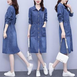 Casual Dresses Large Size Women's Denim Dress 2023 Autumn Fashion Long Sleeve Turn Down Collar Vintage Trendy Jenas Vestidos T075