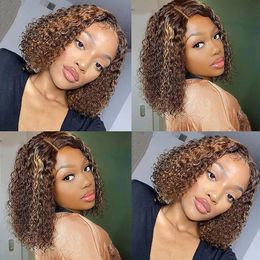 Human Hair 4X4 Lace Closure Bob Wig P4/27 Peruvian Piano Colour Kinky Curly 4X4X1 Wigs 10-16inch