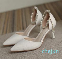 Baotou Thin Heel Pointed High Heels Women's Spring All-matching Pearl White Single Shoe Beaded Hollow Sandals