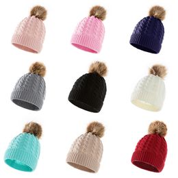 0-3 Years Winter Baby Knitted Hats Woollen Yarn Beanies For Kids Pom Poms Fur Ball Beanie Hat Infant Kids Hat