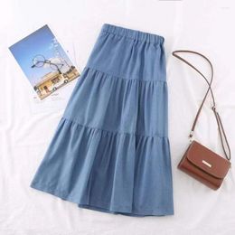 Skirts Summer Female Fashion Casual Loose Solid A-Line Denim Long Skirt Women Retro Pleated Midi Elastic High Waist Blue