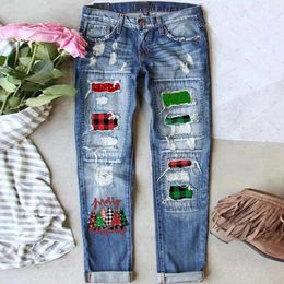 Women's Jeans Autumn And Winter Christmas Printed Hole Thickened Trousers Loose Washed Denim Pants