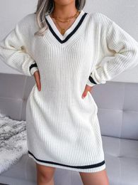 Casual Dresses White Sweater 2023 Autumn Winter Women Fashion V-neck Long Sleeve Knitted Mini Dress Woman Lazy Short Loose