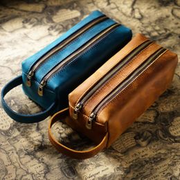 Pencil Bags Handmade Genuine Leather Pencil Bag Vintage Double Layer Design Zipper Pen Case Cowhide School Bag Large Capacity Storage Pouch 230417