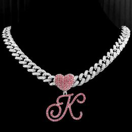 Pendant Necklaces Hip Hop Necklace With Pdtif Heart Shape Pink Cursive Letters Chain Cuban Zircon Sparkly Punk Jewellery A-z 2209092627