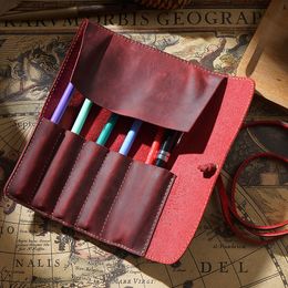Pencil Bags 100% Genuine Leather Rollup Pencil Bag Pen Large Storage Pouch Organizer Case School Pencil Roll Office Vintage Retro Stationery 230417