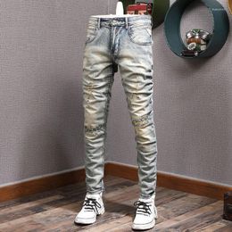 Men's Jeans 2023 Fashion Men Streetwear Retro Yellow Blue Elastic Slim Fit Ripped Embroidery Designer Hip Hop Denim Pants