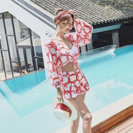 Spring Three Piece Swimsuit Women Conservative Split Skirt Sexy Small Chest Gather Thin Bikini Swim Wear290v