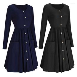 Casual Dresses Womens Autumn Long Sleeves Round Neck Solid Colour Midi Length Swing Dress Ruched 10CD