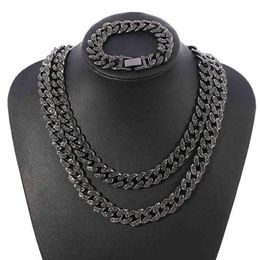 Whole Black 13mm Iced Out Cubic Zircon Diamond CZ Cuban Link Chain Miami Cuba Necklace Bracelet Hip Hop Jewellery For Men256m