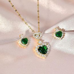 Necklace Earrings Set 2023 Luxury Love Heart-shaped Green Zircon Inlaid Titanium Steel Jewelry Exquisite Women's Wedding