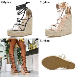 top Champagne Gold Wedges Sandals Women Lace-Up Peep Toe Summer High Heels Elegant Ankle Strap Shoes Large Size 42 230306