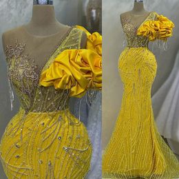 2023 April Aso Ebi Yellow Mermaid Prom Dress Crystals Beaded Sexy Evening Formal Party Second Reception Birthday Engagement Gowns Dresses Robe De Soiree ZJ5897