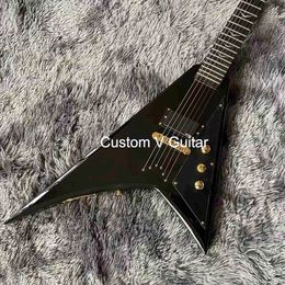 Custom Jack style V shape ebony fingerboard single bridge pickup gold hardware electric guitar in black Colour