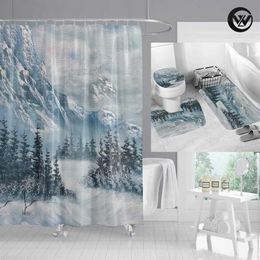 Shower Curtains High Quality Curtain Bath Mat Set Printed Winter Snow Mountain Landscape Bathroom Toilet Rugs Home Decor292N