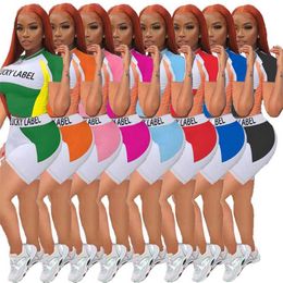 Women Clothing Designer Tracksuit Round Neck Two Piece Set 2023 Summer Female Letter Color Block Printed Short Sleeve Shorts Sports Suit