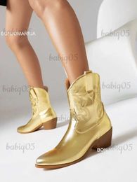 Boots Women Cowboy Cowgirls Boots Embroidery Metallic Punk Boots In Gold Sliver Ankle mid Heel Shoes Autumn Winter Pointed Toe Brand T231117