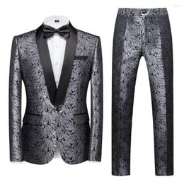 Men's Suits Sliver Grey Men Suit 3 Pcs Luxury Jacquard Fabric One Button Black Shawl Business Slim Fit Wedding Evening Party Coat Vest Pants