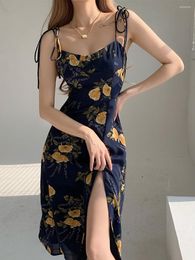 Casual Dresses Sexy Fashion Orange Flowers Short Skirt Women Vintage Fork Boho Summer Beach Printing Maxi Dress Sleeveless Sundress 2023