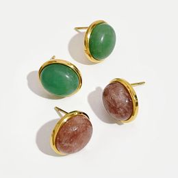Stud Earrings Peri'sBox Timeless Pink Green Natural Stone Ellipse Women Stainless Steel Gold Color Gem Post Waterproof