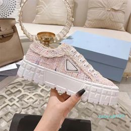 Prado shoes canvas inner sheepskin the latest thick-soled fashion catwalk sneakers heel height 5cm metal triangle buckle black white pink blue