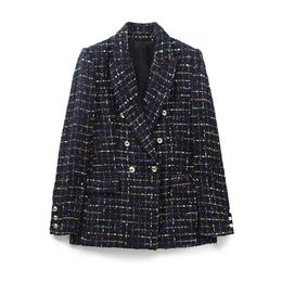 Women s Suits Blazers Autumn Women Vintage Notched Collar Colorful Ribbon Plaid Tweed Woolen Blazer Coat Female Outerwear Chic Veste Tops 231117